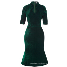 Belle Poque Retro Vintage Meia manga Hips-Wrapped Retro Style Dark Green Coreano Velvet Bodycon Pencil Dress BP000127-1